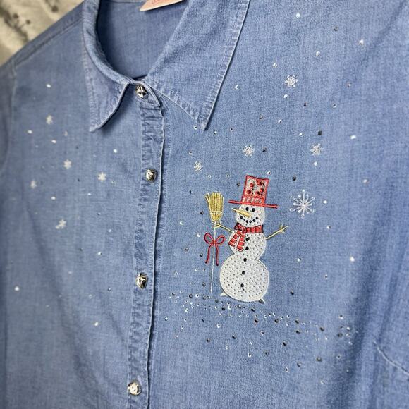 Quacker Factory 3X Denim Gem Snowman Chambray Roll Tab Sleeve Holiday Sparkle - Picture 3 of 5